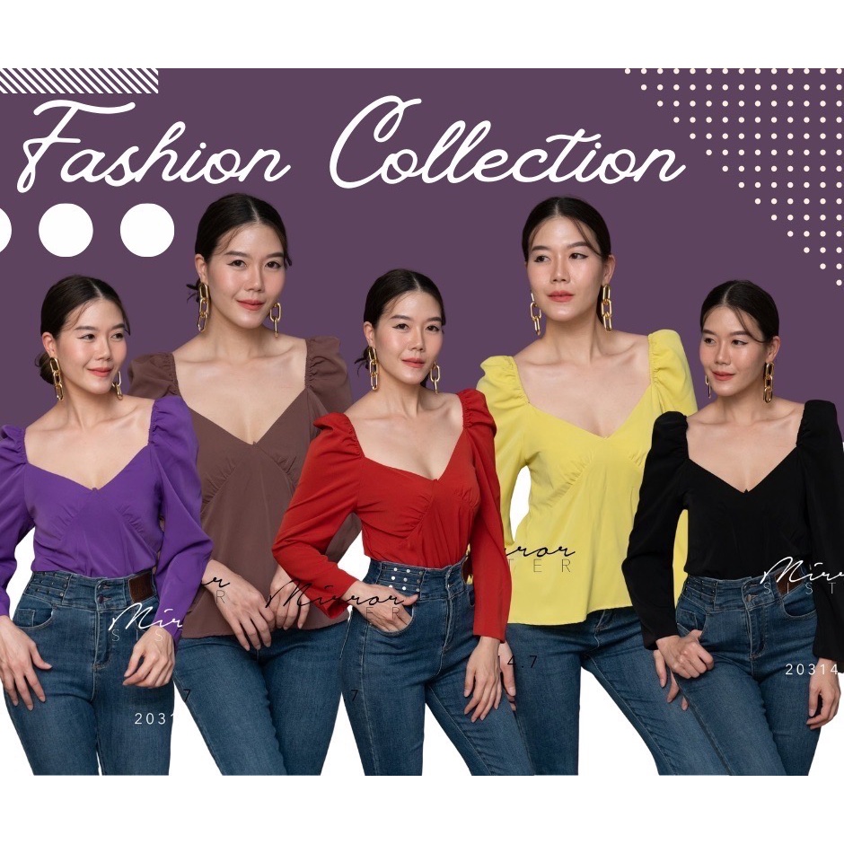 ป้าย Mirrorsister 20314.7 เสื้อทรงแซ่บ คอห้าเหลี่ยม ช่วงไหล่จับยก ด้านหลังสม็อคยืด