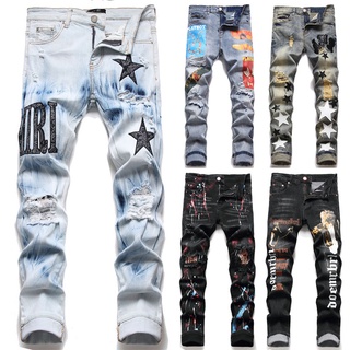 Embroidery Mens Jeans Slim Fit Pants Stretch Pants Denim Ripped Jeans Printed Pants Long Pants Men Pants