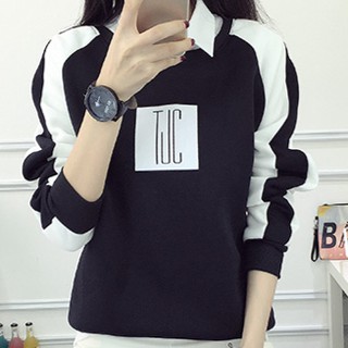 เสื้อแฟชั่น คอกลม แขนยาว บุกันหนาว ลาย TJC สีดำ