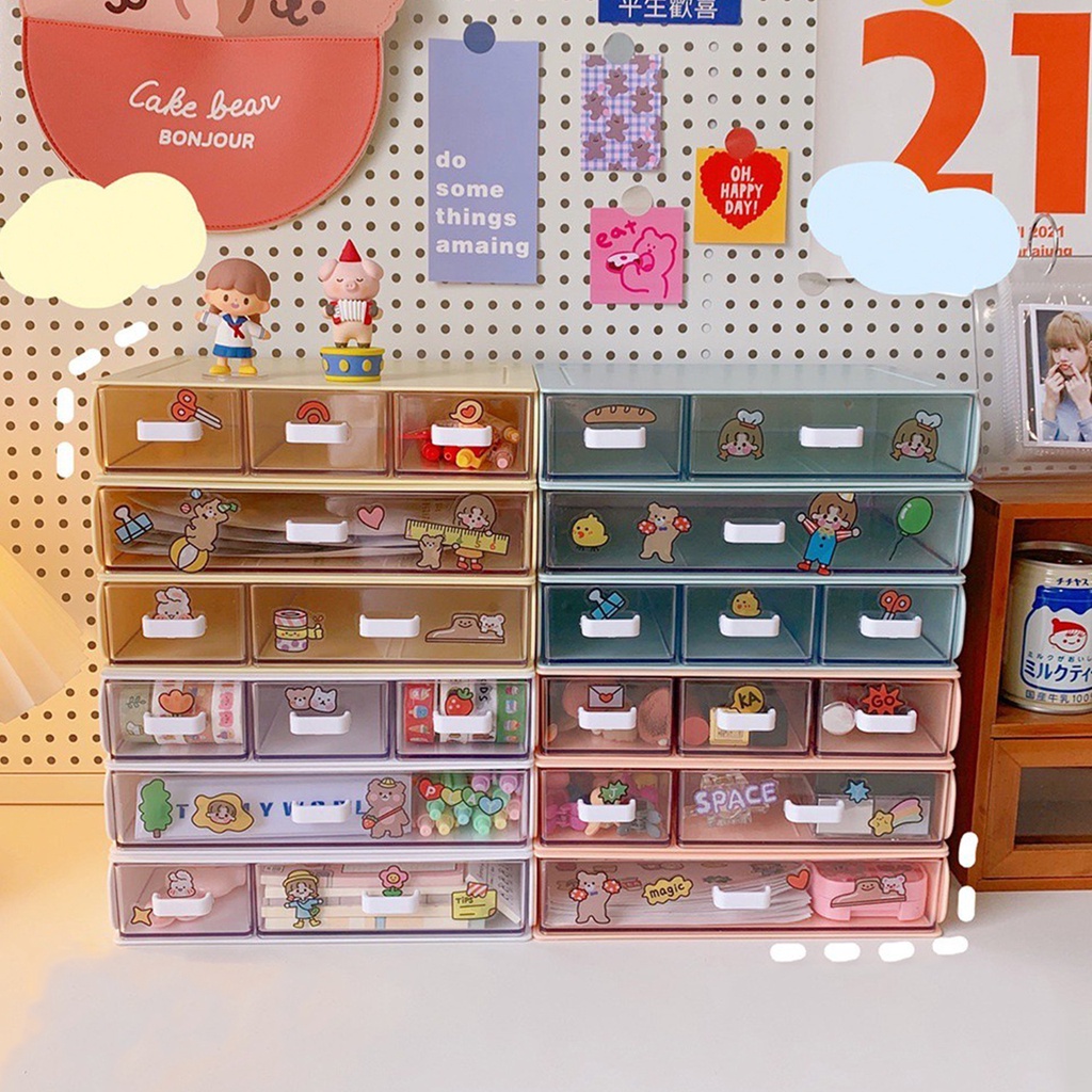 (สุ่มสี สุ่มแบบ) YIWUSHOP ปลีก/ส่ง กล่องลิ้นชักเก็บของพลาสติก ซ้อนได้หลายชั้น จัดของ