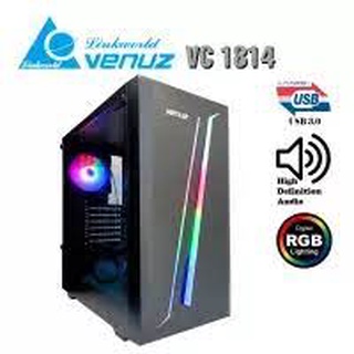 CASE VENUZ ATX Mid Tower Tempered Glass Gaming Case with RGB Strip Front Panel &amp; Rainbow RGB Fan x1 VC 1814 – Black