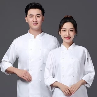 (M-5XL)เสื้อเชฟแขนยาวสีดำ มีกระเป๋าหน้าอก แต่งกระดุมคู่ตะเข็บด้านหน้า ผ้าใส่สบาย ไม่ร้อน #9700