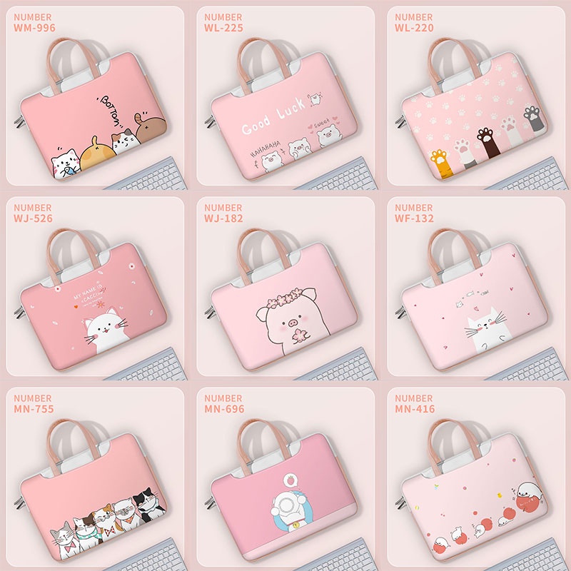 กระเป๋าแล็ปท็อปสีชมพูกันกระแทก ขนาด 13-17 นิ้ว ลายการ์ตูนสำหรับผู้หญิง