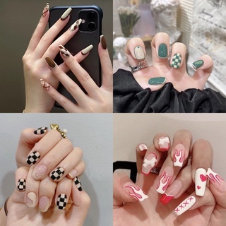 พร้อมส่งจากไทย เล็บปลอมลายตาราง เล็บปลอมแบบยาว 24ชิ้น ฟรีกาว 🍭 PVC Fake nails