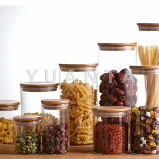 YUANTA โหลแก้วฝาไม้ ฝากันความชื้นเป็นไม้ไผ่ โหลพาสต้า ถังเก็บน้ำในครัว Borosilicate glass