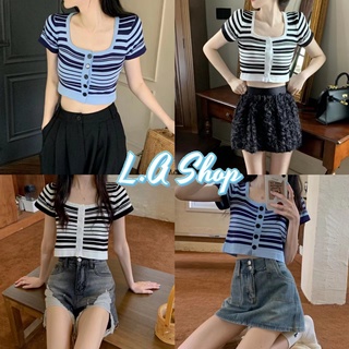 L.A Shop - พร้อมส่ง  เสื้อครอปไหมพรมคอยูแขนสั้น กระดุมหน้าลายทางใส่แล้วปังมาก "94151"