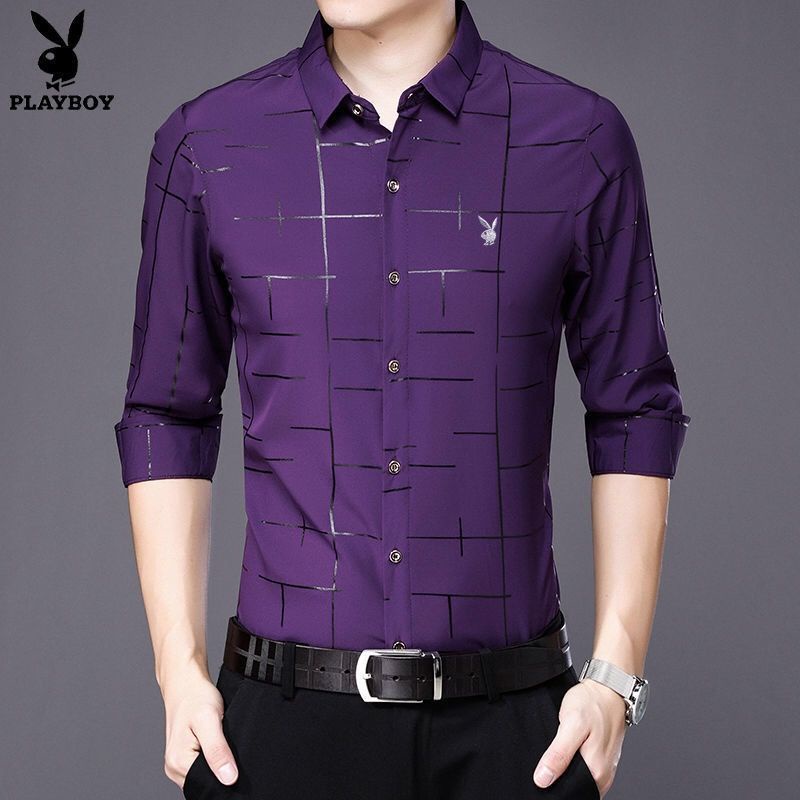 ☈Playboy VIP ฤดูใบไม้ผลิและฤดูใบไม้ร่วงชายเสื้อแขนยาวสบายๆบางส่วนหนุ่มสาวและวัยกลางคนเสื้อเกาหลีชายพ่อชุดแนวโน้ม