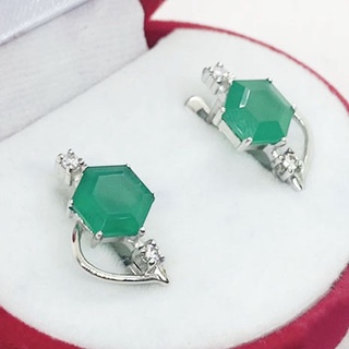 Q6434 ต่างหูพลอยโมราแท้ ( Chrysoprase ) แบบอิงลิชล็อค ตัวเรือนเงินแท้ 925 ชุบทองคำขาว