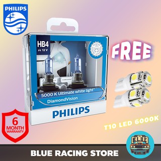 หลอดไฟหน้ารถยนต์ PHILIPS : Diamond Vision 5000K HB4 แถมฟรี T10 LED 6000K