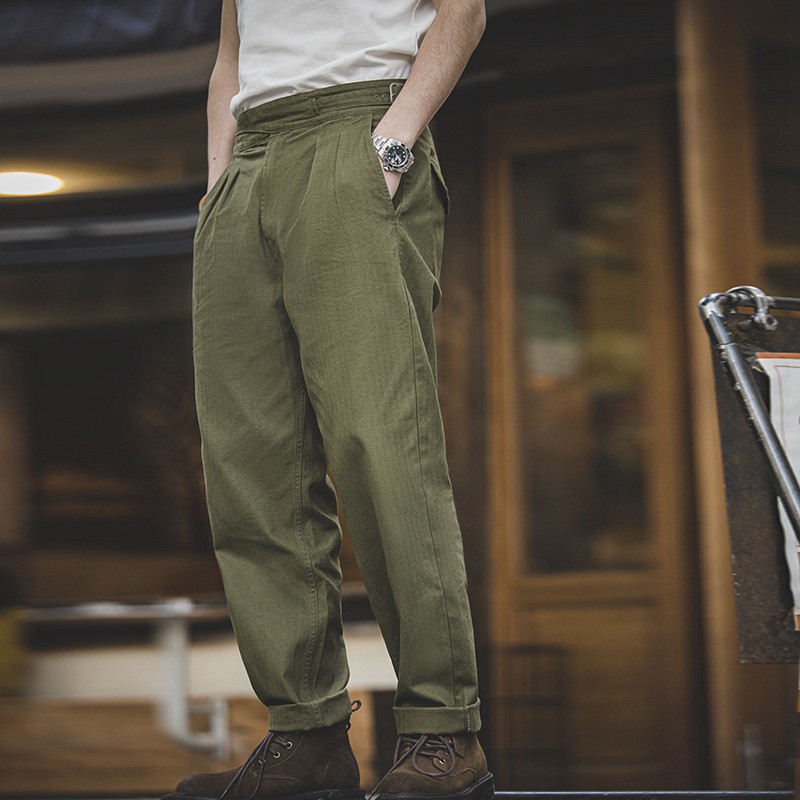 Retro Workwear สไตล์ชายหนุ่มผู้ใหญ่สุภาพบุรุษ American World War II เอวสูง Gurga army กางเกงสีกากีตรง Neapolitan กางเกงชาย Gurkha กางเกง — صورة 7