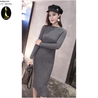 knit dress เดรสไหมพรม สีเทา แขนยาว เดรสยาว ใส่กันหนาว