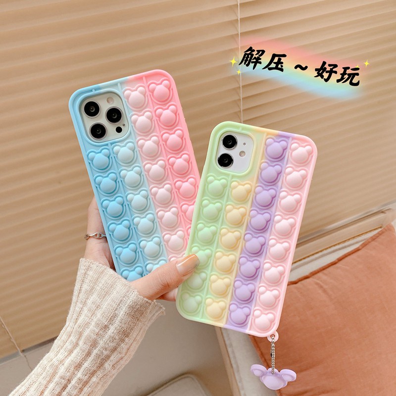 Cute Rainbow Bear Phone Case iPhone 13 12 11 Pro Max 12 13 Mini 6 6s 7 8 Plus X XR Xs Max SE 2020 Pop It Fidget Push Bubble Relive Stress Toys Silicone Soft Full Mickey Phone Cover With Pendant