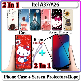 2 IN 1 เคส Itel A37 A26 เคส พร้อมกระจกนิรภัยกันรอยหน้าจอ เซรามิค โค้ง สําหรับเด็กผู้หญิง และคิตตี้