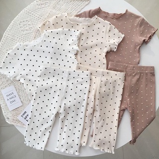 Se7en Girl Pajamas Set Korean Summer Casual Short Sleeve Polka Dot Shirt+Pant