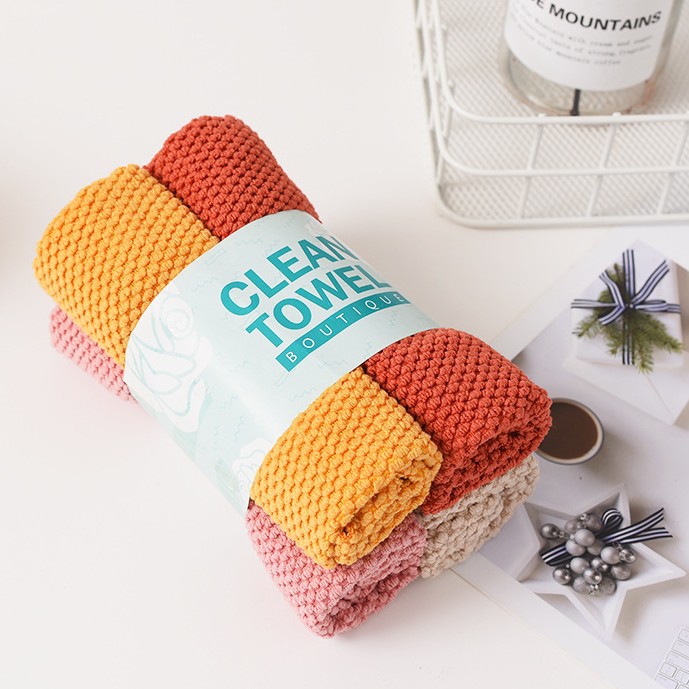ผ้าขนหนูเช็ดจานแห้งเร็ว ผ้าเช็ดจานในครัว ( set 4ผืน คละสี ) Square Towel Four-Piece-Absorbing Quick-Drying Cleaning