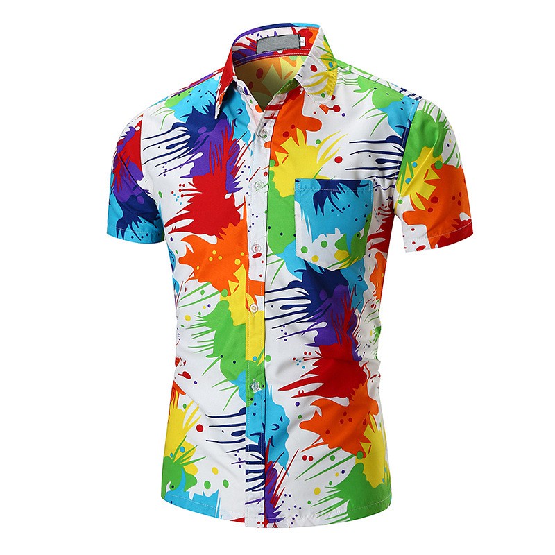 Men Summer Short Sleeve Floral Print Shirt Hawaii Beach Colorful Casual Shirts #2