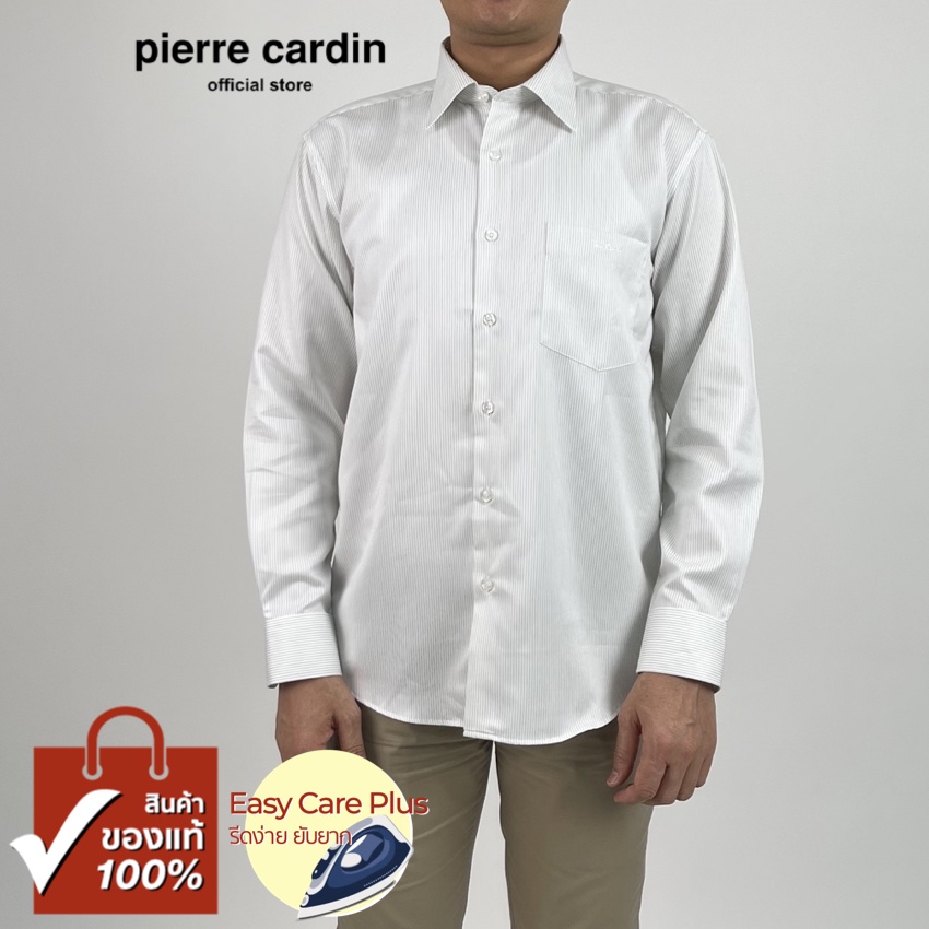 Pierre Cardin เสื้อเชิ้ตแขนยาว Easy Care Plus รีดง่ายยับยาก Basic Fit รุ่นมีกระเป๋า ผ้า Cotton 100% [RHT5139-GY]