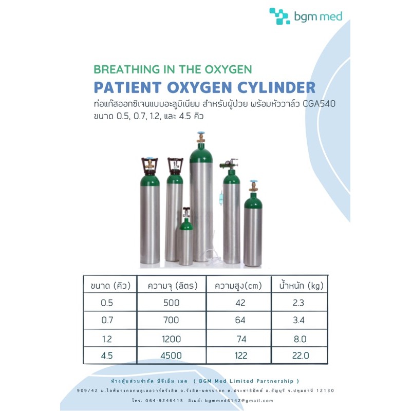 ถังแก๊สออกซิเจนอะลูมิเนียมสำหรับผู้ป่วย ขนาด 0.5, 0.7, 1.2 และ 4.5 คิว พร้อมวาล์ว CGA450