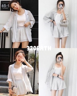 ส่ง ชุดเซ็ตเสื้อสูท+กางเกงขาสั้นลายริ้ว เนื้อผ้าออกฟอร์ดทอ ผ้าไม่บาง ตัวเสื้อแต่งกระดุมหน้า มีกระเป๋า2ด้าน