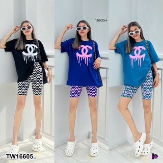 ชุดเซ็ต 2 ชิ้น เสื้อโอเวอร์ไซด์+กางเกงเลคกิ้งขาสั้น ชุดแฟชั่นผู้หญิง