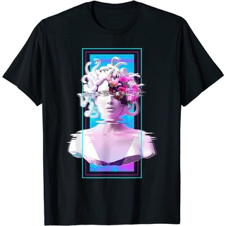 เสื้อยืดผ้าฝ้ายพิมพ์ลายแฟชั่น เสื้อยืด พิมพ์ลาย Vaporwave Medusa Statue Aesthetic Art Glitch สไตล์ญี่ปุ่น