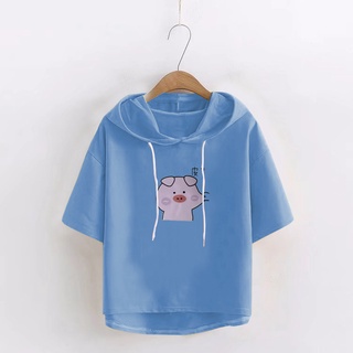 เสื้อยืดลําลองแฟชั่นเกาหลีแขนสั้นมีหมวกพิมพ์ลายการ์ตูน Piggy