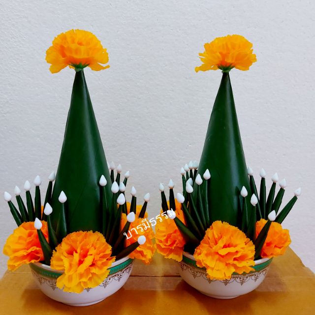 🙏บายศรีปากชาม คู่ใหญ่ ถูกที่สุดและสวยที่สุด (ราคาต่อ 1 คู่)ทำจากผ้าสีเขียว งานสวย ปราณีต งานจริงสวยมากๆ ส่งไวทันใจ