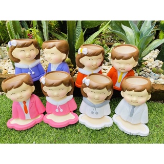 กระถางเซรามิค รูปการ์ตูนชายหญิงเพ้นท์สีน่ารัก ช่องปลูกกว้าง3.5นิ้ว สูง7.5นิ้ว ฐานกว้าง6นิ้ว