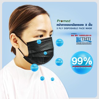 หน้ากาก อนามัย กรอง 3 ชั้น Promed - 3 Ply Disposable Face Mask ( BFE &gt; 99% )