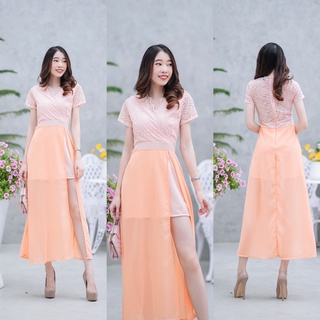 hbstation.shop เสื้อผ้าผู้หญิง Dressลูกไม้ สีโอรส พร้อมส่ง