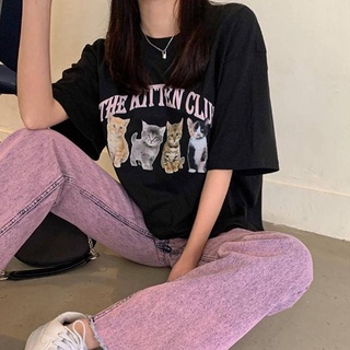 SALABO(พร้อมส่ง)🐱เสื้อยืดคอกลม🐱 Oversize แขนสั้นทรงหลวม สกรีนลายแมว เท่ๆ Unisex 🐱 #C005