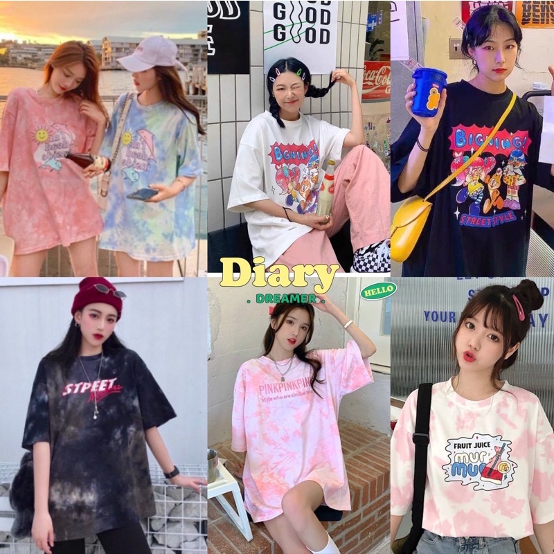 diary *พร้อมส่ง*เสื้อยืดโอเว่อไซส์แขนสั้นมัดย้อมลายการตูนน่ารักมากๆZRT