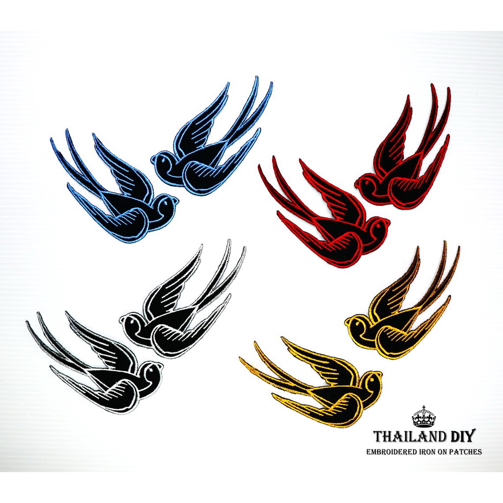 [ เซ็ตคู่ 2 ชิ้น ] ตัวรีดติดเสื้อ ลายสัก นกคู่ งานปักอย่างดี Bird Patch DIY wop นกนางแอ่น dove อาร์มติดเสื้อ