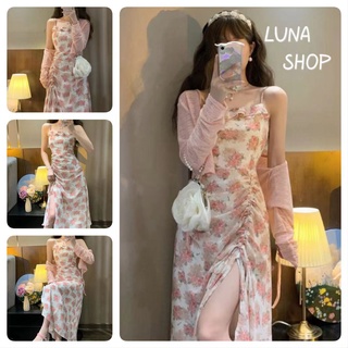 Luna shop🍑เดรส🍄เดรสผ่าสายรูด เดรสสายเดี่ยวลายดอกไม้สำหรับผู้หญิง กระโปรงทรงสลิมสไตล์ฝรั่งเศส🚚พร้อมส่งจากกทม มาถึงใน 3-5 วัน