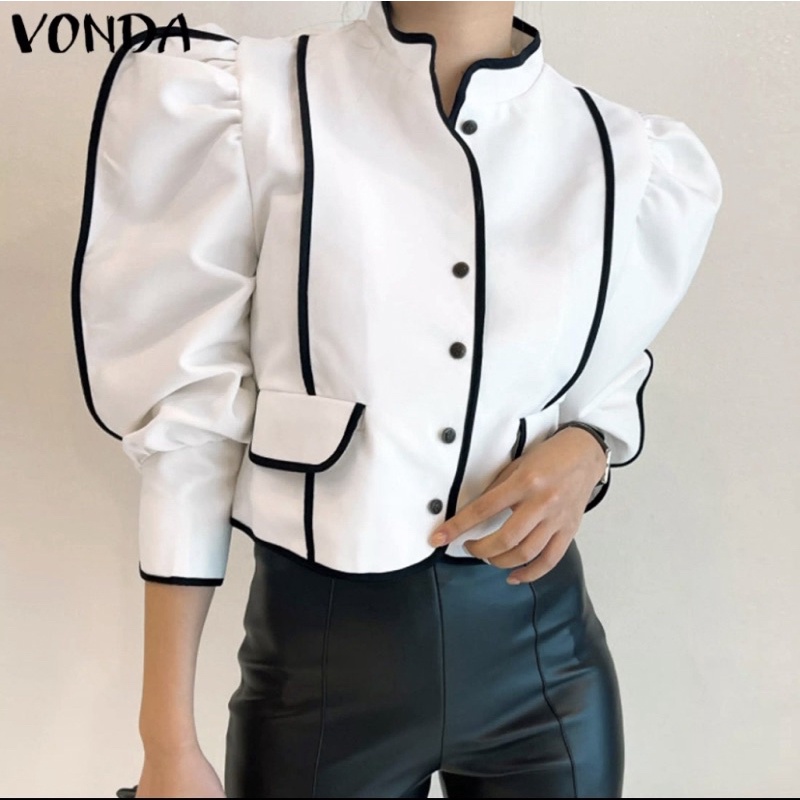FpM - สไตล์เกาหลีลําลอง vonda ผู้หญิงพัฟแขนเสื้อคอเต่าติดกระดุมเสื้อหรูหราสีทึบเสื้อครอป