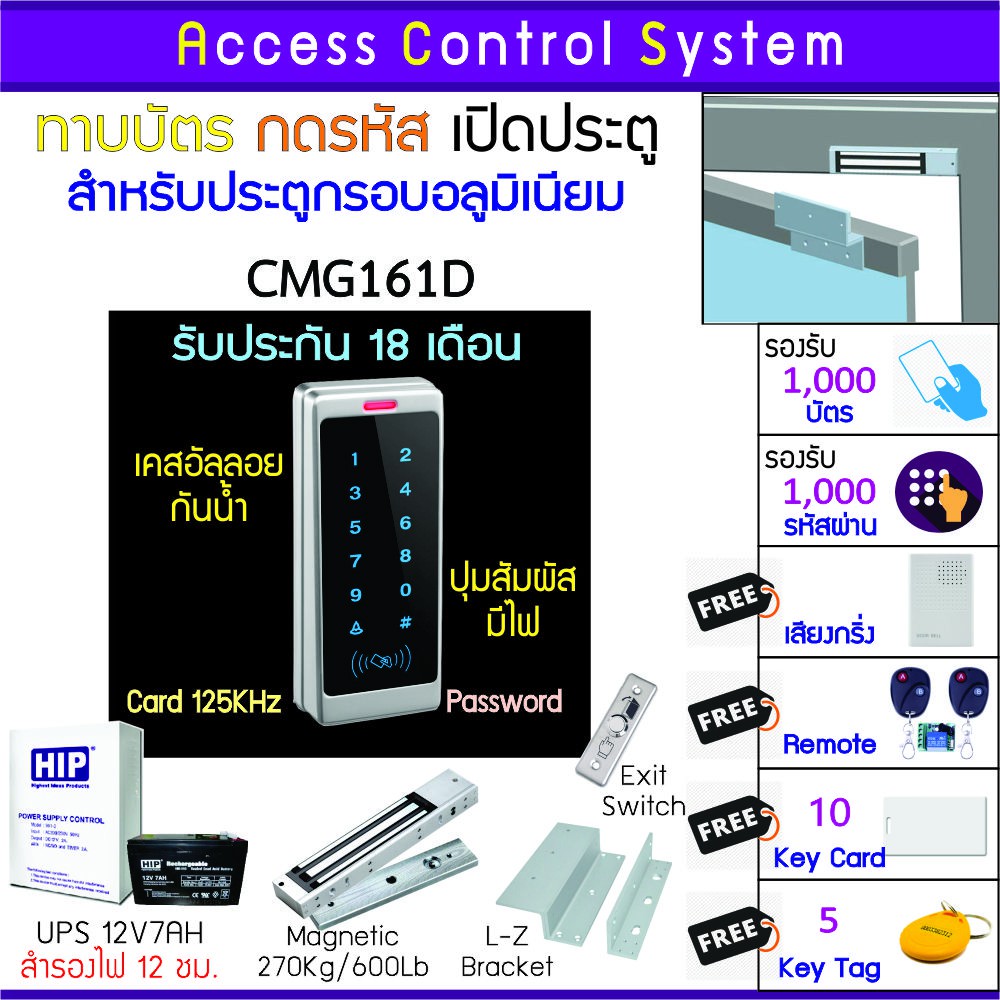 CMG161D คีย์การ์ด เครื่องทาบบัตรเปิดประตูกันน้ำ กลอน 600 ปอนด์ สำรองไฟนาน 12 ชม และคู่มือภาษาไทย