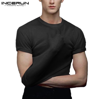 INCERUN Men 3 Colors Short Sleeve Round Neck Transparent Shinny Solid Color T-Shirts