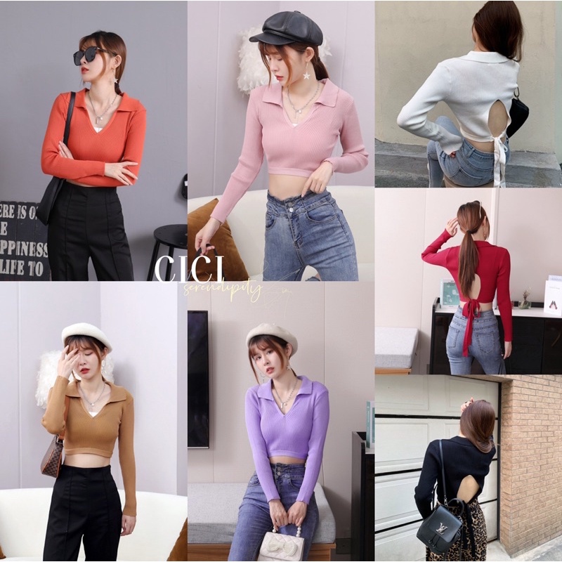 ส่งทันที Cici(SALE 1828)เสื้อครอปไหมพรมคอปกแขนยาว คอวีลึก ดีเทลเว้าผูกหลัง