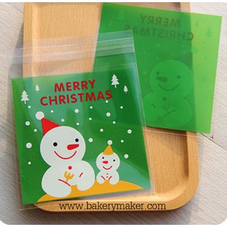 ถุงฝาแถบกาว Snowman หน้าใส หลังสีเขียว ขนาด 10 x 10 ซม. / แพ็คละ 50 ใบ