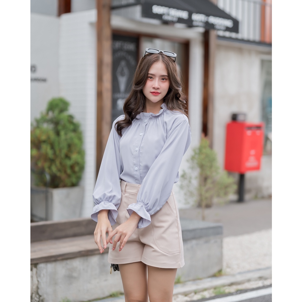 LittleMay - Flan Top เสื้อแขนยาว ดีเทลจีบระบายปลายแขนและคอ สีฟ้า / เขียว / ครีม
