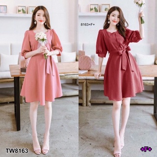 👗Pfashion [ส่งไว!!🚛] P8163 	เดรสแขนตุ๊กตาคอเหลี่ยม + สายผูกเอว  Square neck doll sleeve dress + waist tie