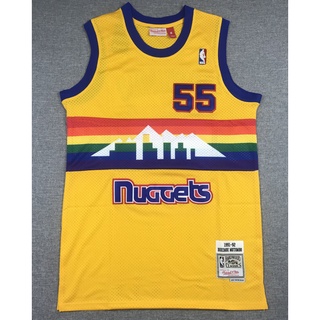 ใหม่ กางเกงนักเก็ต NBA Denver สําหรับผู้ชาย #เสื้อกีฬาบาสเก็ตบอล สีเหลืองรุ้ง ปักลาย Dikembe Mutombo 55 สไตล์เรโทร