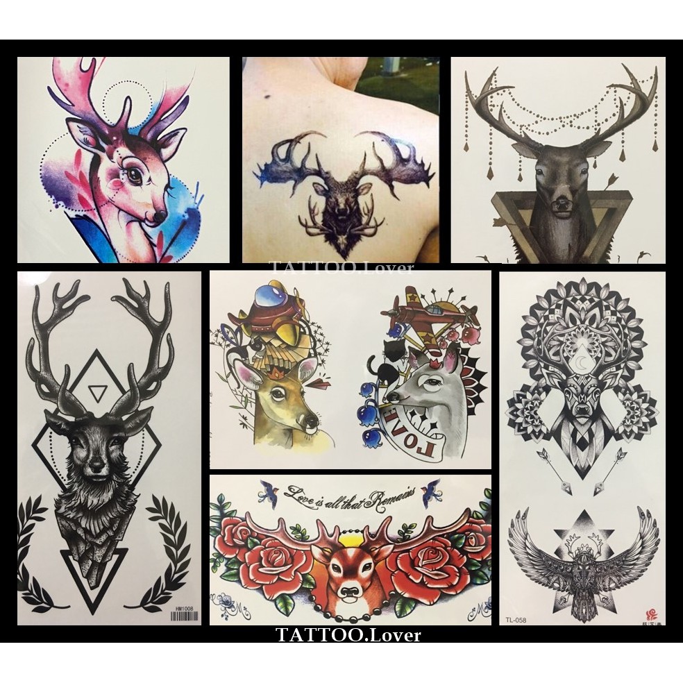 แทททูลายกวาง น่ารักหลากหลายสไตล์ สวยเหมือนสักจริง Tattoo Sticker สติ๊กเกอร์รอยสักปลอมชั่วคราวกันน้ำได้