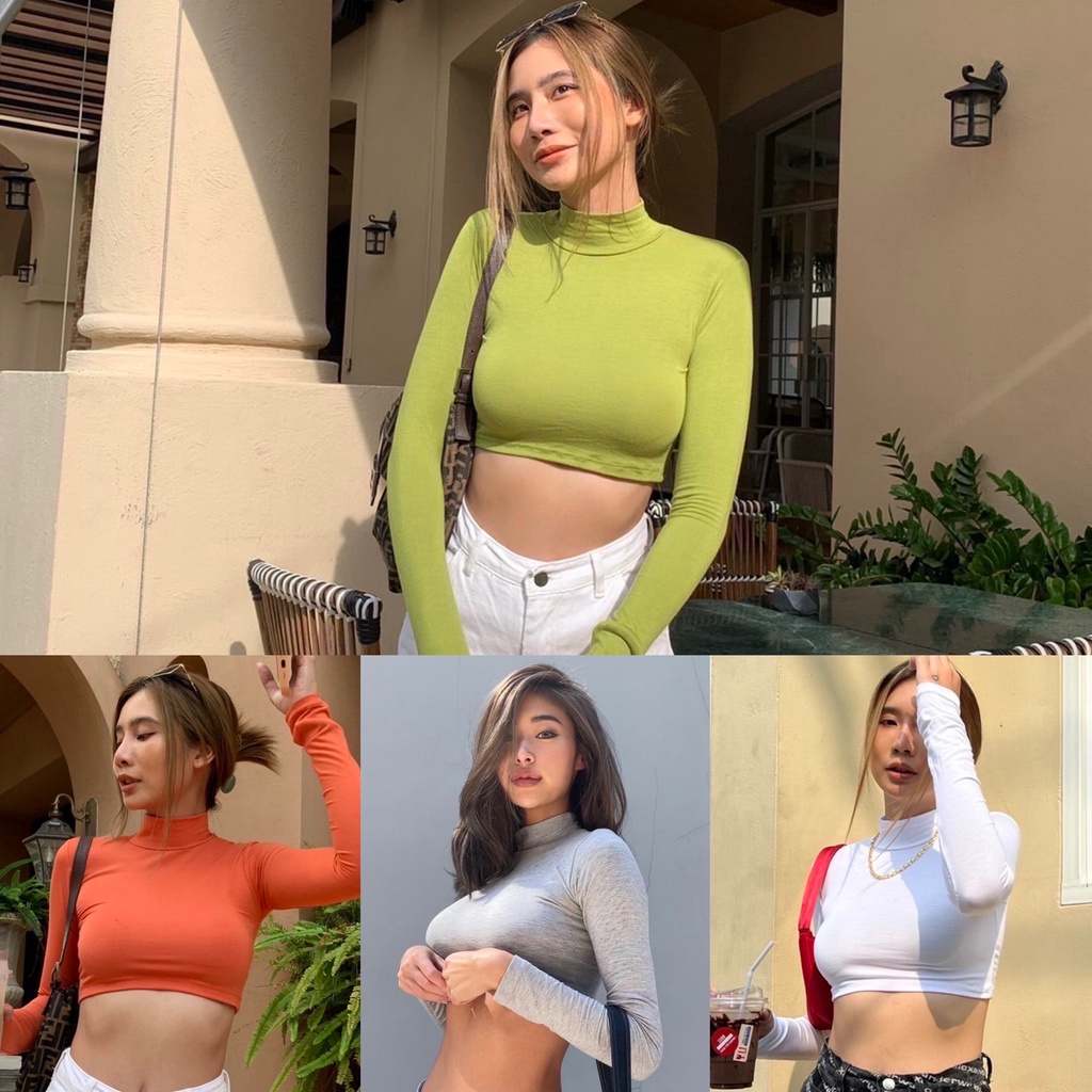 byGOODLUCK เสื้อคอเต่า ครอปแขนยาว CROPTOP เสื้อคอเต่าแขนยาว ผ้าเรยอน ครอปคอเต่า ยาว14' เสื้อเรยอน เสื้อครอป 199