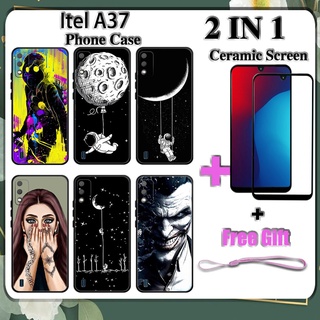 2 IN 1 Itel A37 A26 เคสโทรศัพท์ พร้อมกระจกนิรภัย เซรามิค ป้องกันหน้าจอ โค้ง ฟิล์มนิรภัย อวกาศ ด้านนอก