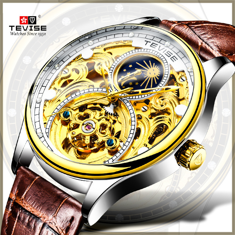 Swiss Tevise Tevise Skeleton นาฬิกากลไกอัตโนมัติ Moon Phase Tourbillon นาฬิกากันน้ําสําหรับผู้ชาย