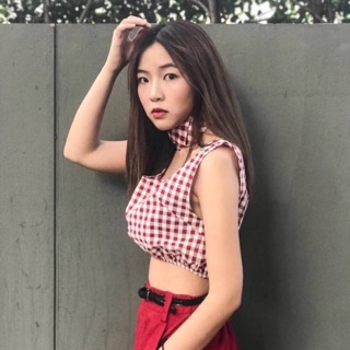 เซต เสื้อ crop ลายสก็อต +ผ้าโพกผมสามเหลี่ยม พร้อมส่ง❤️💖