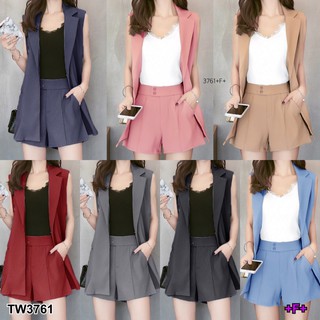 TW3761 Set 2 ชิ้น เสื้อสูทแขนกุด+กางเกงขาสั้น **สอบถามก่อนสั่งซื้อ**