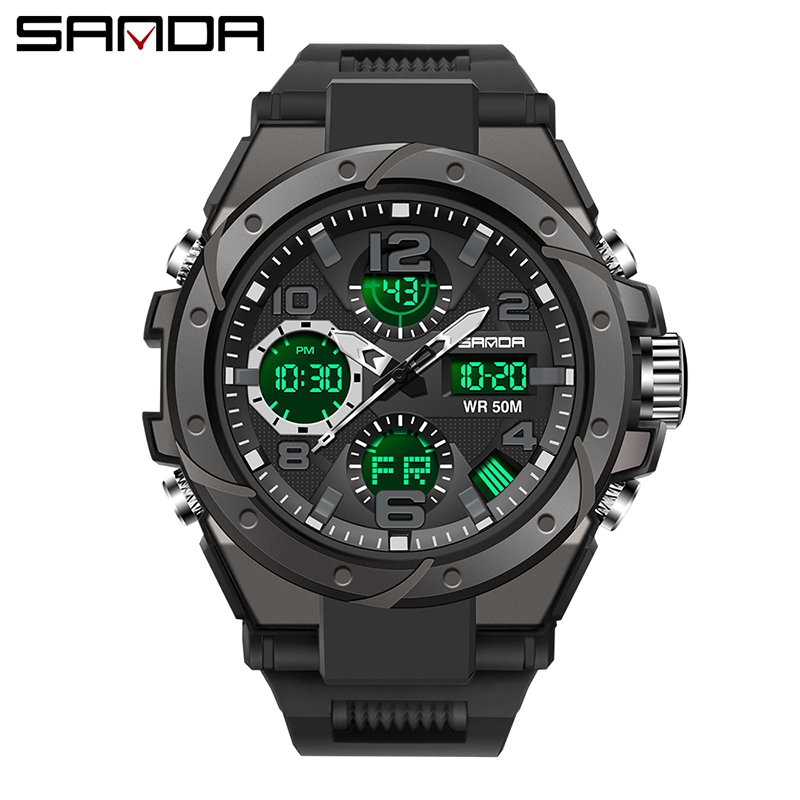 SANDA นาฬิกาข้อมือควอตซ์ มีไฟ LED กันน้ำ หรูหรา สไตล์ทหาร สำหรับผู้ชาย 6008