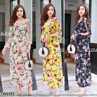 MaxiDress เดรสยาวแขนยาวผ่าแขนลายดอก